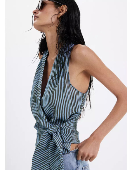 Striped wrap blouse with bow