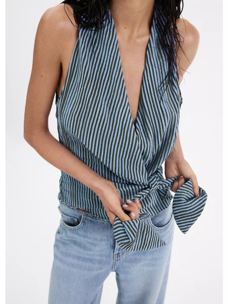 Striped wrap blouse with bow
